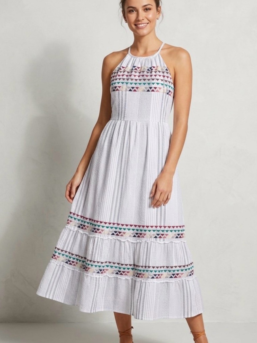 THML White Maxi Split neckline Dress with Multicolor Geometric Embroidery